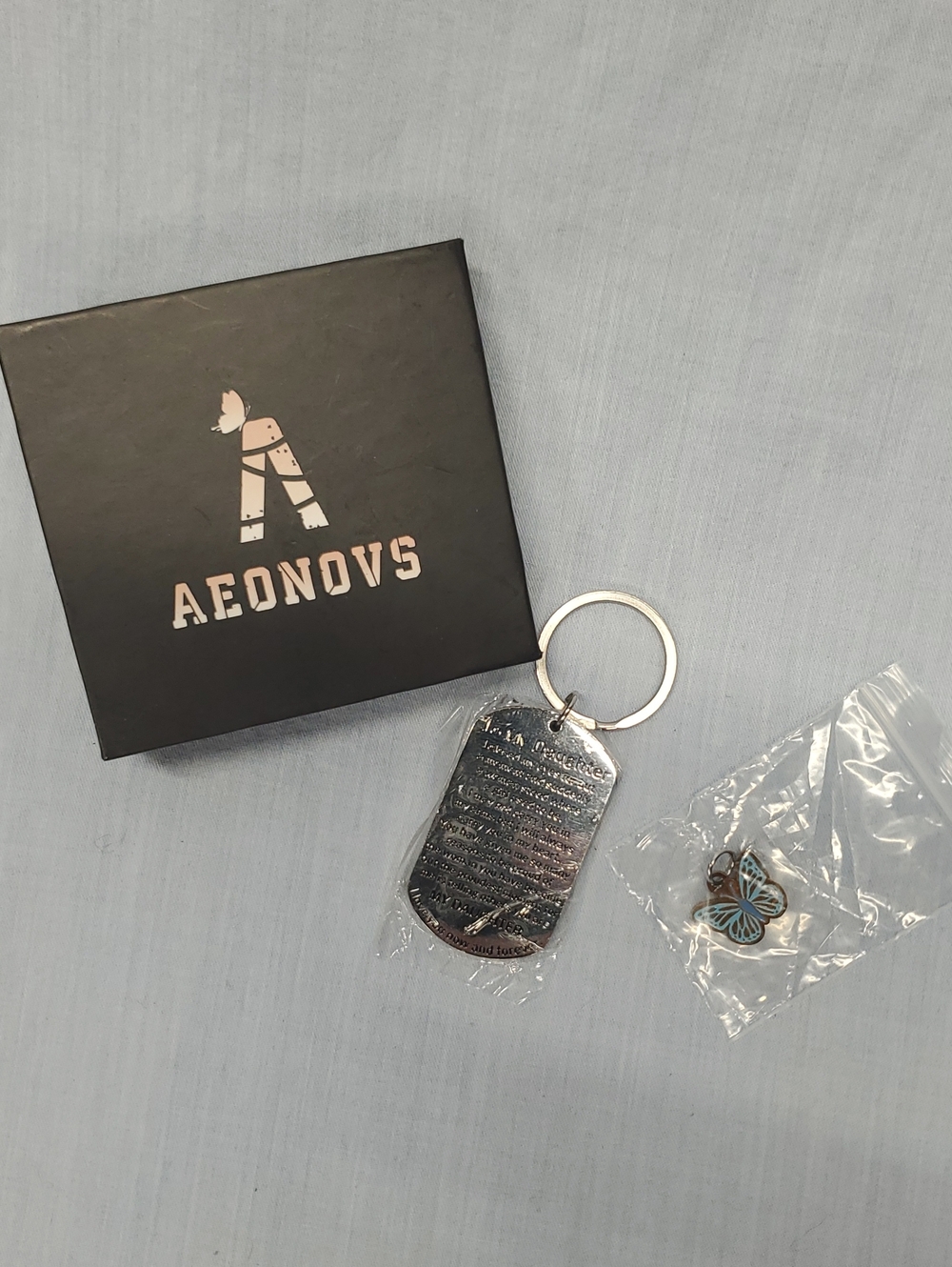 Silver Dog Tag Keychain with Blue Butterfly Charm